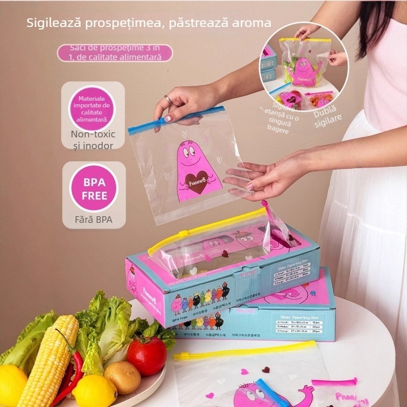 Pungi sigilate pentru alimente, groase, cu fermoar, pentru depozitare în frigider și congelator, stil desen animat