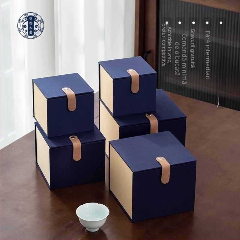 Set cadou cu închidere Velcro din piele: ceainic din lut mov, vas Jian Zhan pentru ceai, ceșcuță de degustare și cutie brocart