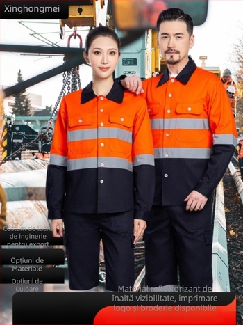 Set de îmbrăcăminte de lucru cu elemente reflectorizante pentru construcții, cămăși cu mânecă lungă din bumbac, logo imprimat și brodat.