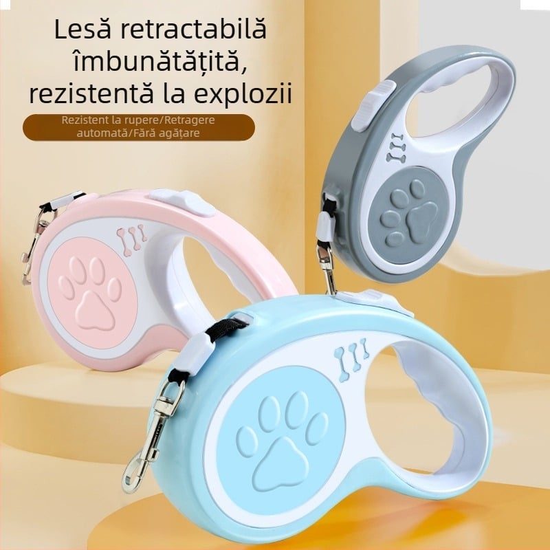 Lesă extensibilă pentru câini cu protecție anti-evadare și anti-șoc, extensie automată pentru câini mici și medii