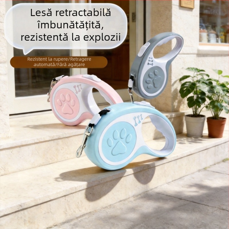 Lesă extensibilă pentru câini cu protecție anti-evadare și anti-șoc, extensie automată pentru câini mici și medii