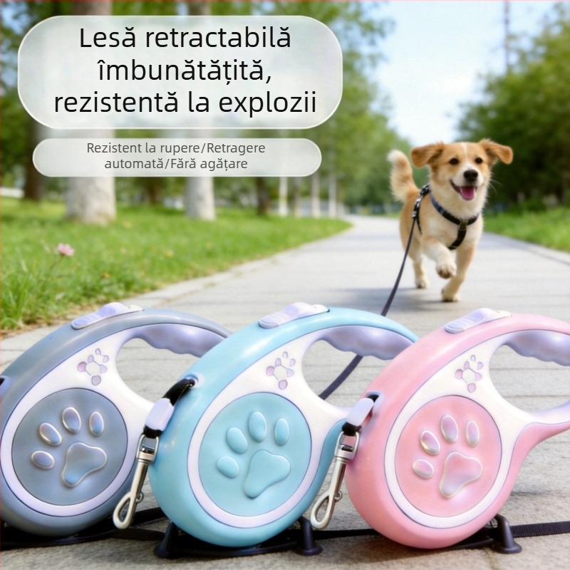 Lesă extensibilă pentru câini cu protecție anti-evadare și anti-șoc, extensie automată pentru câini mici și medii