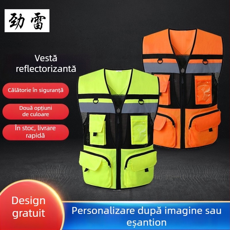 Vesta reflectorizantă cu logo personalizabil pentru lucrători de salubritate, bicicliști, administrația rutieră, șantiere și șoferi de ride-hailing