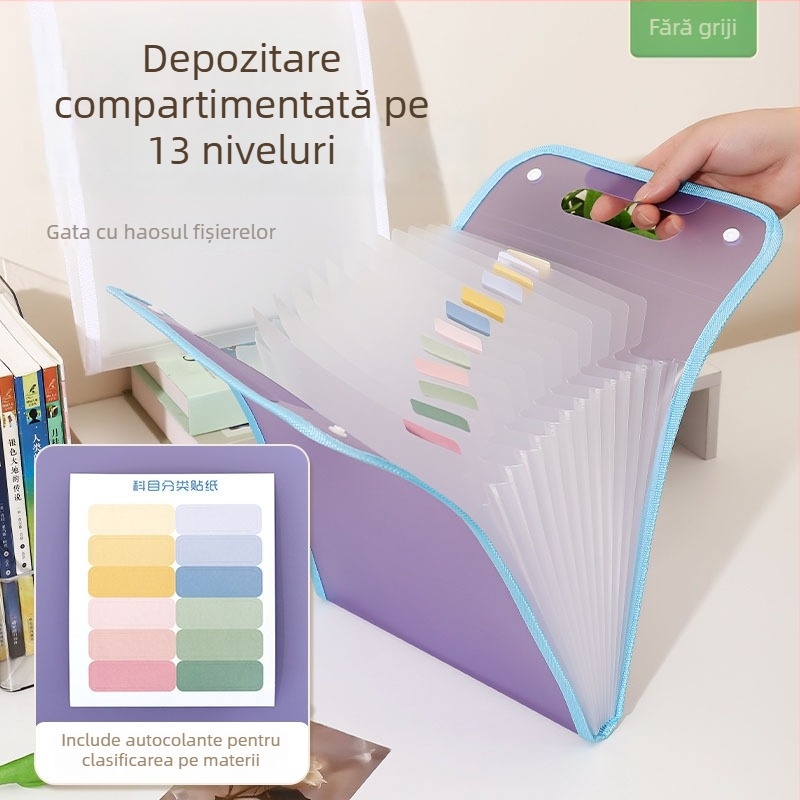 Fișier acordeon A4 cu 13 compartimente, vertical, pentru documente ale elevilor