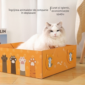 Cutie de nisip pentru pisici, de unică folosință, anti-strop, extra-large, pliabilă și portabilă, semi-închisă, pătrată, din carton