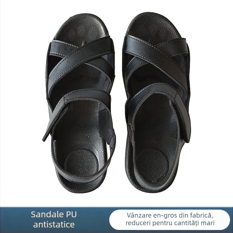 Sandale PU antistatice, negre, cu talpă antiderapantă și curele încrucișate, pentru atelierul electronic
