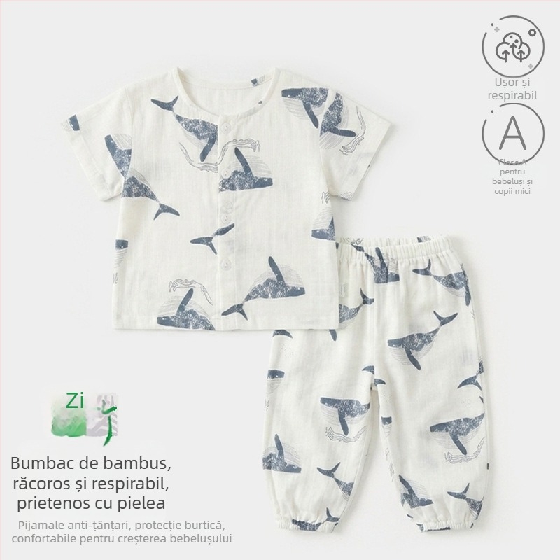 Set de pijamale de vară, două piese, pentru copii 0–3 ani, mâneci scurte, unisex, imprimeu cu desene animate