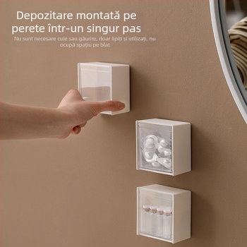 Cutie de depozitare montată pe perete, cu capac rabatabil, pentru baie – spațiu pentru discuri de bumbac, bureți de pudră, bețișoare și ruj