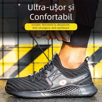 Pantofi de protecție pentru bărbați, antișoc și anti-perforație, izolați până la 6 kV, ușori și respirabili, partea superioară din plasă Fly-Woven, negri, durabili.