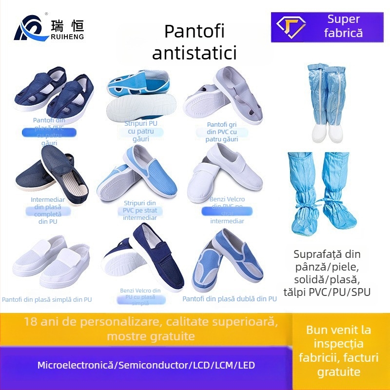Pantofi anti-statți personalizabili pentru camere curate, albi, cu talpă SPU/PU/PVC, patru orificii pentru șiret