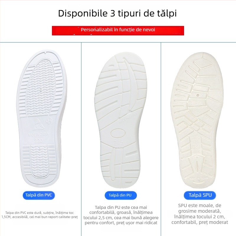 Pantofi anti-statți personalizabili pentru camere curate, albi, cu talpă SPU/PU/PVC, patru orificii pentru șiret