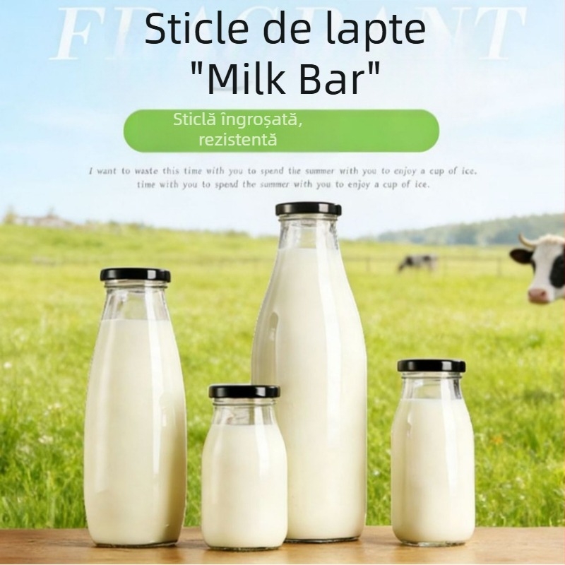 Sticlă de sticlă transparentă pentru alimente, sticlă de lapte de calitate alimentară, sticlă sigilată pentru băuturi, sticlă pentru suc și budincă, sticlă reutilizabilă