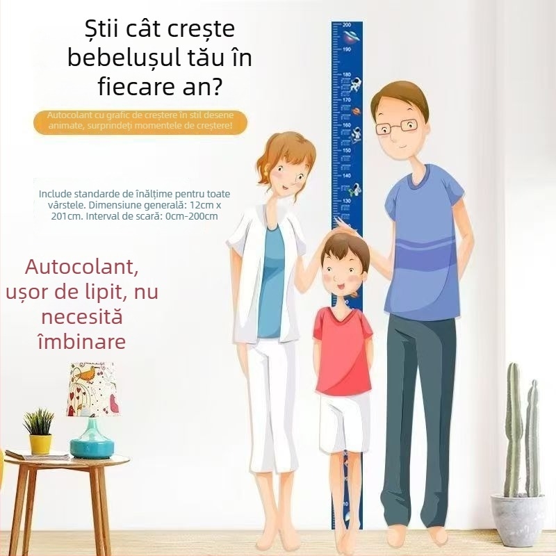 Autocolant de perete pentru măsurarea înălțimii la copii, într-un singur panou, design desen animat, 2 m