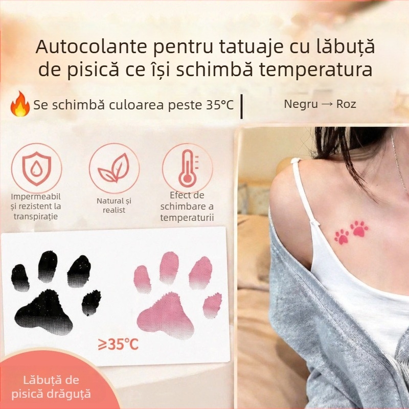 Abțibilduri tatuaj cu labă de pisică, care își schimbă culoarea în funcție de temperatură, impermeabile și rezistente la transpirație, stil drăguț, feminin, de durată