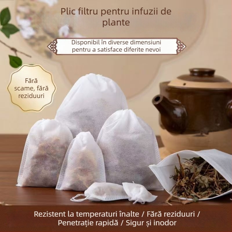 Pungi de ceai de unică folosință din material textil nețesut, cu șnur, pentru ceai, supe și decocturi