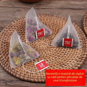 Pungi de ceai triunghiulare din nylon, de calitate alimentară, cu plasă filtrantă și sigilare termică.