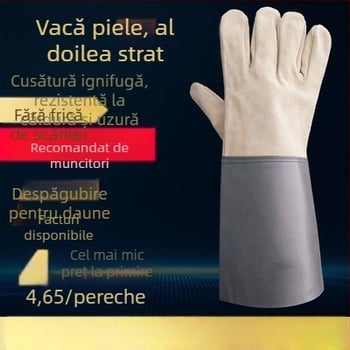 Mănuși de sudură din piele de vită cu două straturi, extinse, protecție la scântei și uzură