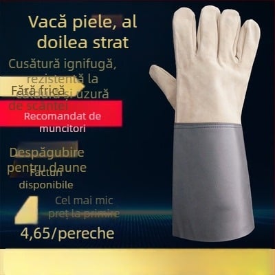 Mănuși de sudură din piele de vită cu două straturi, extinse, protecție la scântei și uzură