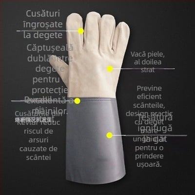 Mănuși de sudură din piele de vită cu două straturi, extinse, protecție la scântei și uzură