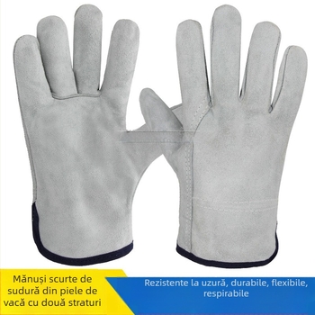 Mănuși de sudură din piele de vită, două straturi, scurte, din piele întreagă, rezistente la uzură și la temperaturi ridicate, izolație termică, galbene