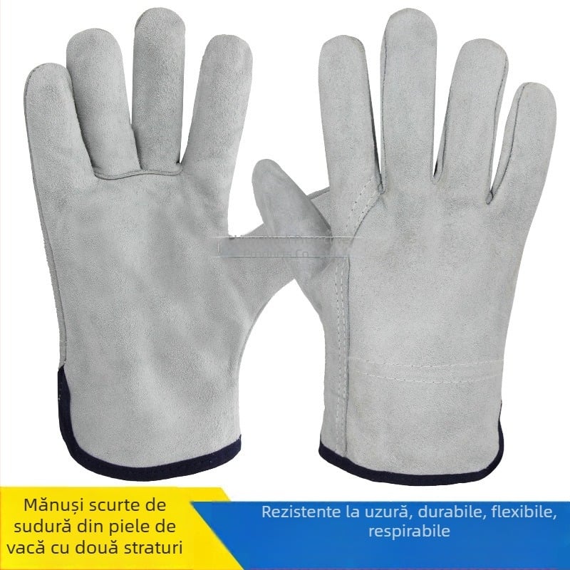 Mănuși de sudură din piele de vită, două straturi, scurte, din piele întreagă, rezistente la uzură și la temperaturi ridicate, izolație termică, galbene