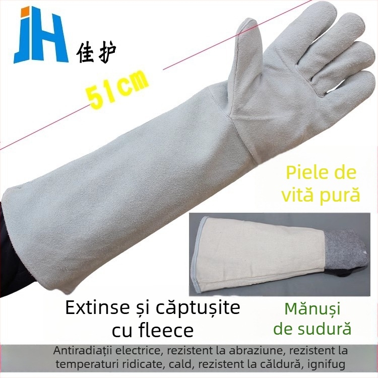 Mănuși de sudură, rezistente la temperaturi înalte, izolați termic, rezistente la uzură, lungi, din piele de vită în două straturi