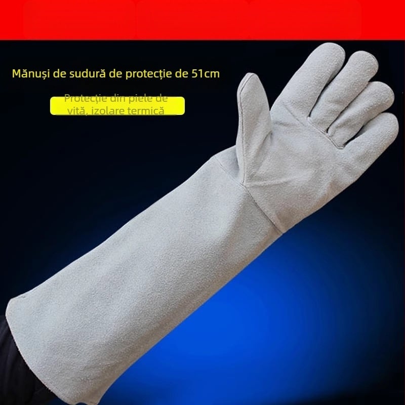 Mănuși de sudură, rezistente la temperaturi înalte, izolați termic, rezistente la uzură, lungi, din piele de vită în două straturi