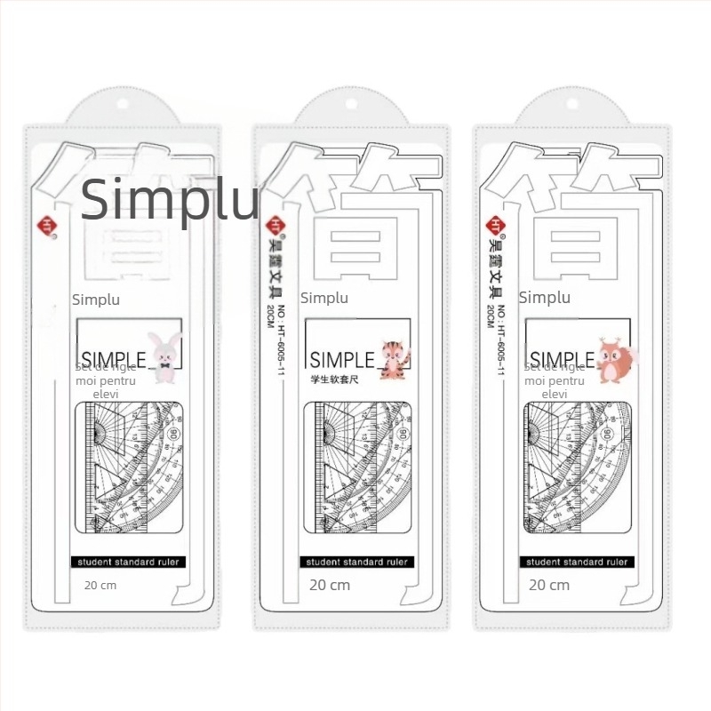 Set de 4 bucăți, riglă flexibilă de 20 cm pentru elevi, include riglă triunghiulară și unghiometru