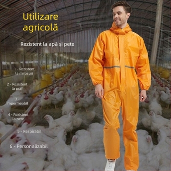 Combinezon cu glugă pentru fermă de porci — îmbrăcăminte de protecție pentru hrănire, rezistentă la praf, impermeabilă și rezistentă la ulei.