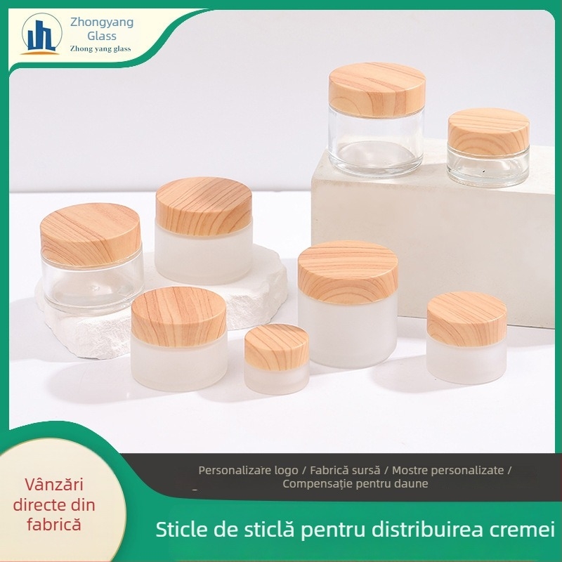 Flacon dozator din sticlă cu finisaj mat, model lemn, pentru creme de față și ochi și loțiune de corp, recipient cosmetic portabil