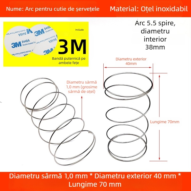 Kit pentru cutia de șervețele cu arc din oțel inoxidabil 304, ridicare automată, include bandă dublă 3M
