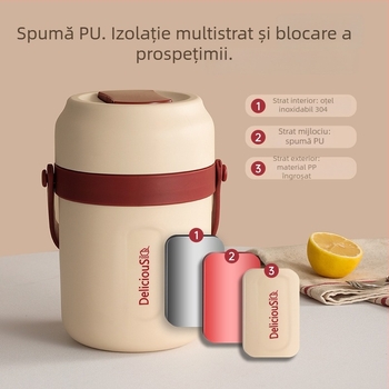 Cutie de prânz cu interior din oțel inoxidabil 304, izolație, portabilă, cu mai multe straturi, cu două niveluri, pentru studenți și angajați