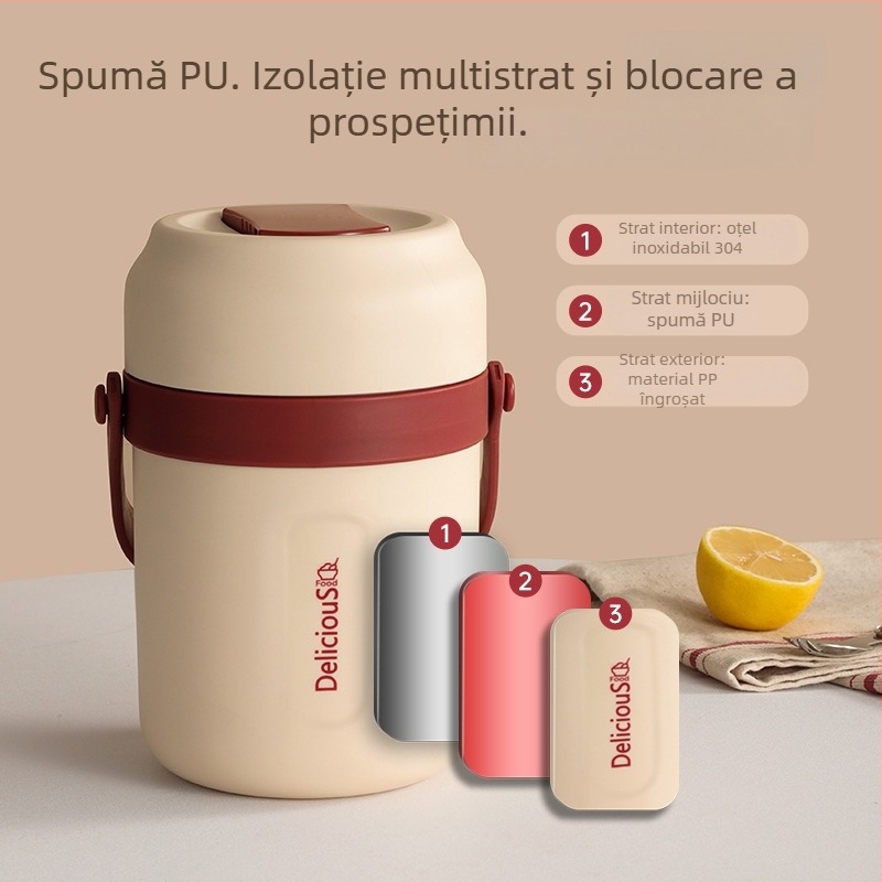 Cutie de prânz cu interior din oțel inoxidabil 304, izolație, portabilă, cu mai multe straturi, cu două niveluri, pentru studenți și angajați