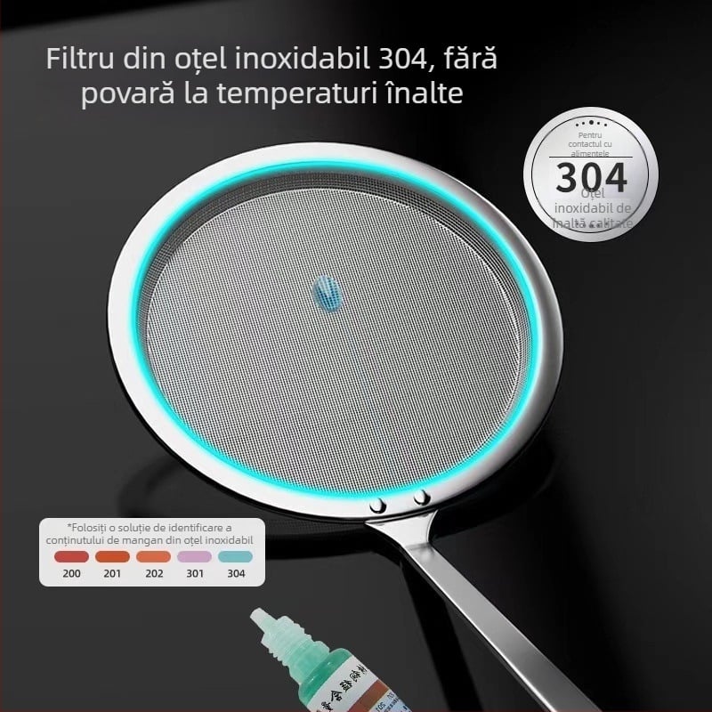 Lingură de strecurare din oțel inoxidabil 304 cu plasă fină, pentru bucătărie; filtrează spuma, separă uleiul și elimină resturi din supă fierbinte