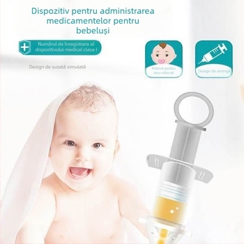 Suțetă pentru administrarea medicamentelor bebelușilor, cu scară de măsurare și pahar mic, uz medical și casnic