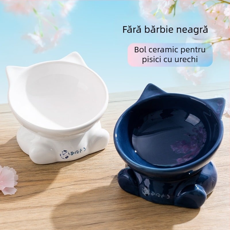 Vas ceramic în stil japonez, cap de pisică, vas pentru mâncare de pisică cu margine înclinată, stabil și greu de răsturnat, potrivit ca vas de apă sau mâncare pentru animale de companie.