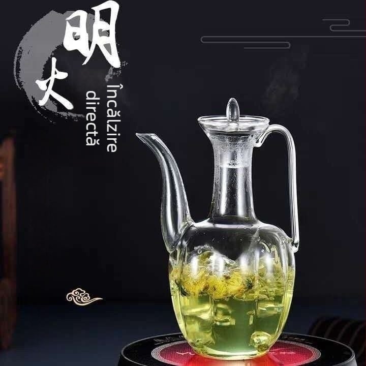 Ceainic din sticlă borosilicată înaltă pentru ceai verde, stil retro Song, ceainic pentru doamne, ceainic inspirat de concubina imperială, vas de infuzare proporțional