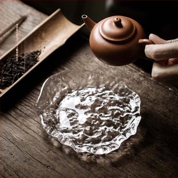 Suport pentru ceai din sticlă cristal, stil japonez, tavă de ceai transparentă, grosime, cu textură ciocănită, platformă neregulată pentru infuzie uscată și farfurie pentru dim sum