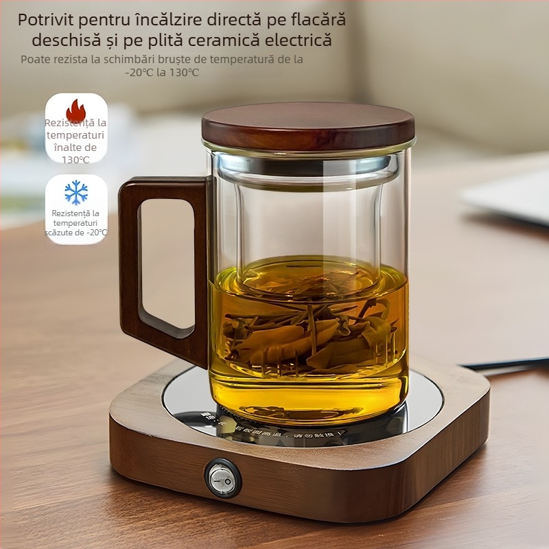 CEAȘĂ de ceai din sticlă borosilicat, stil chinezesc nou, capac din lemn de nuc și mâner din lemn, rezistentă la temperaturi înalte, ceai verde – set de 3 piese