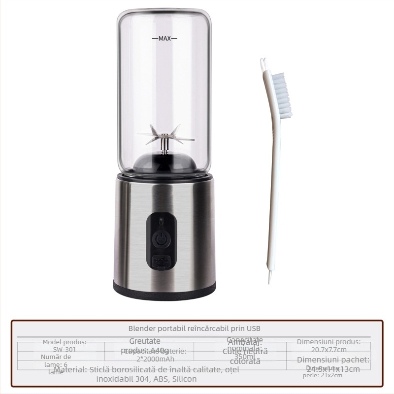 Storcător electric portabil pentru fructe și legume, cu 6 lame, sticlă borosilicată, capacitate 400 ml, baterie încorporată