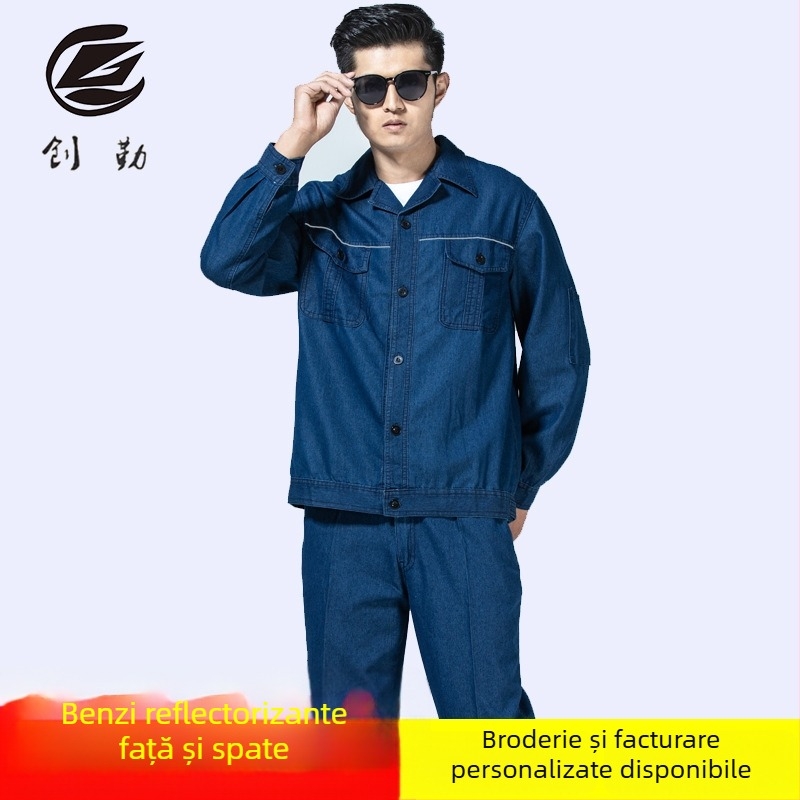 Uniformă de lucru din denim cu benzi reflectorizante pentru sudori, bărbați, mâneci lungi, îmbrăcăminte de protecție, personalizabil
