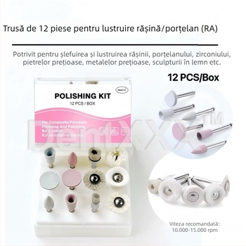 Set de 12 piese pentru șlefuire și polizare, cu mâner de viteză redusă, din rășină, porțelan, zirconiu și metal