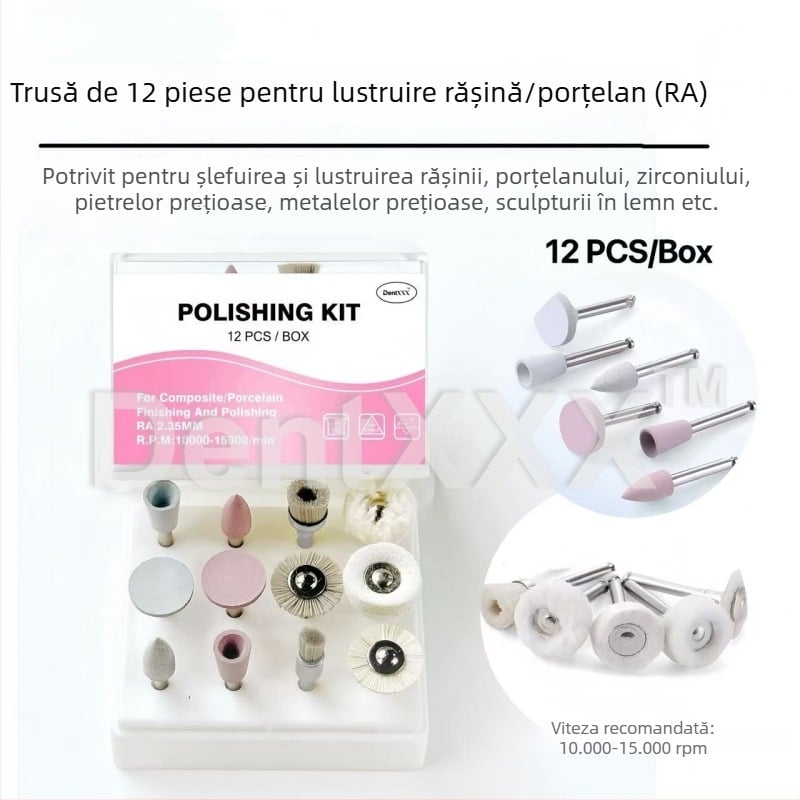 Set de 12 piese pentru șlefuire și polizare, cu mâner de viteză redusă, din rășină, porțelan, zirconiu și metal