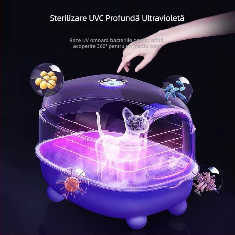 Cutie de nisip pentru pisici, mare, închisă ermetic, cu deodorizare, sterilizare inteligentă și protecție împotriva stropirilor