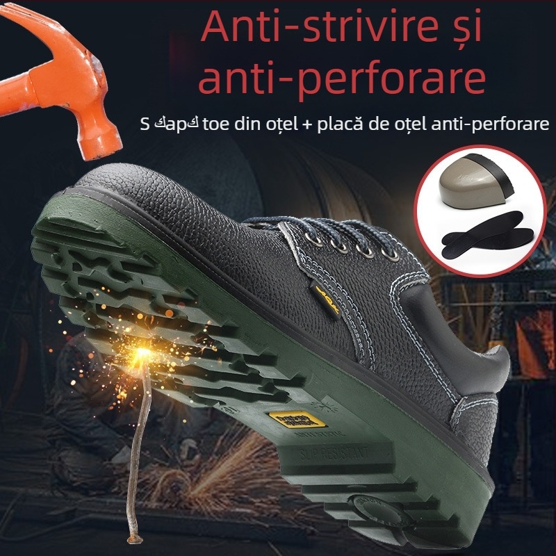 Pantofi de protecție pentru bărbați, respirabili, anti-șoc și anti-perforație, din piele, cu vârf metalic pentru șantier