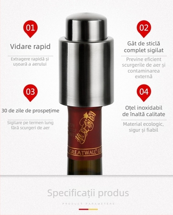 Stop de vin din oțel inoxidabil, sigilare vacuum cu garnitură din silicon, păstrează vinul proaspăt până la 7 zile
