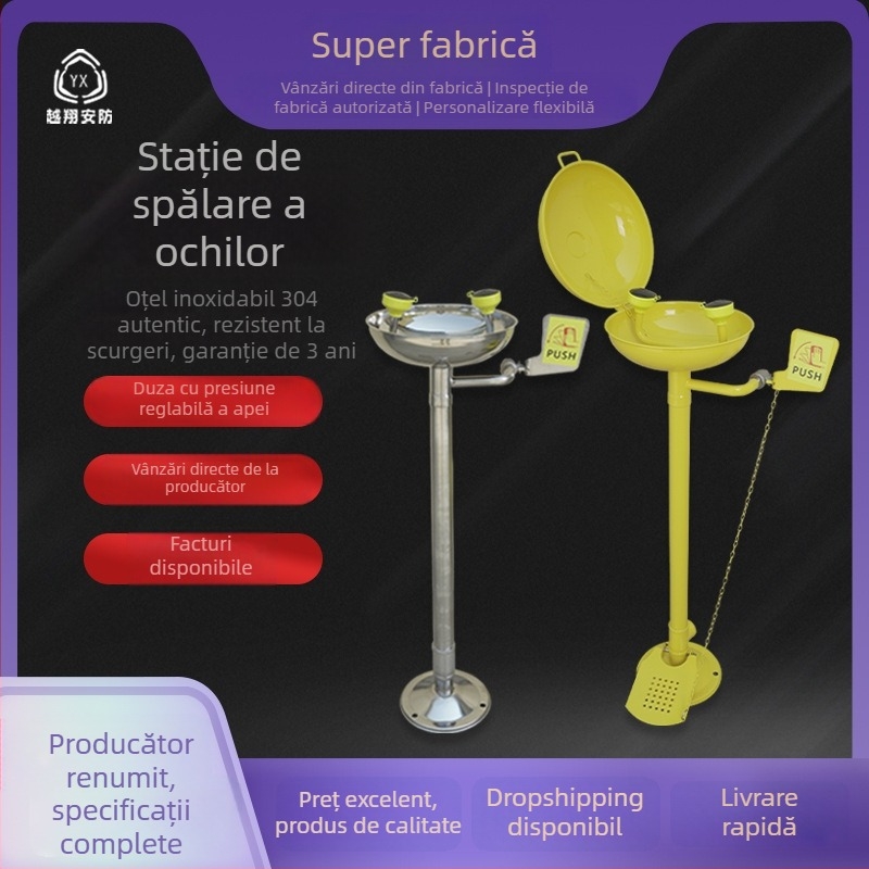 Stație verticală de spălare a ochilor cu pedala – oțel inoxidabil 304 și ABS, industrial
