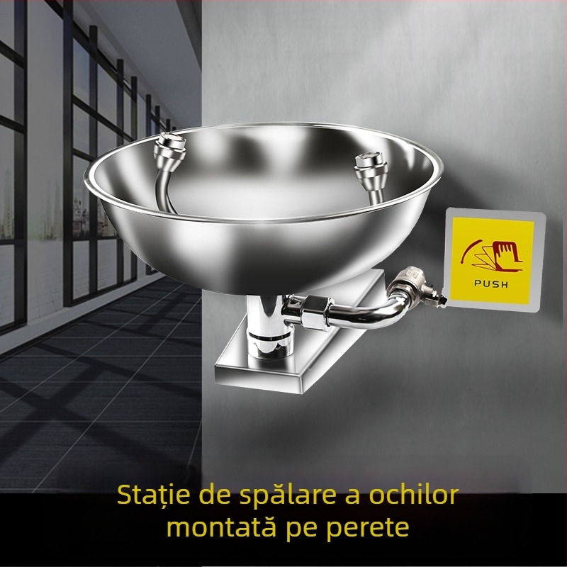 Stație de spalare a ochilor pentru laborator, oțel inox 304, dublă ieșire, montaj pe perete sau tip masă, jet de spălare, urgență