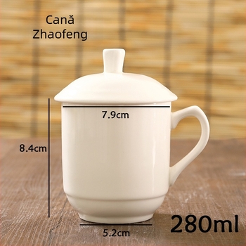 Cană albă de porțelan cu capac ceramic și logo imprimat