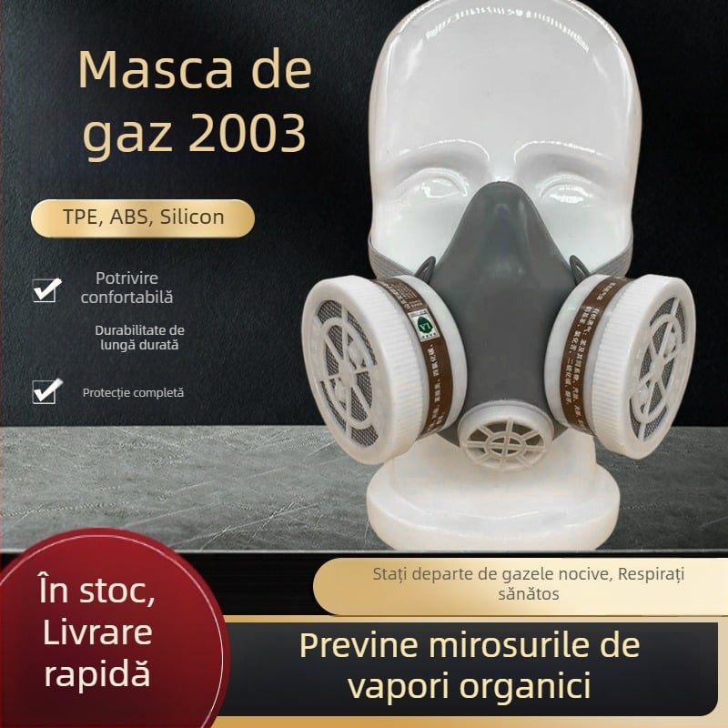 Mască de gaz industrială cu două camere de filtrare, din cauciuc siliconic, pentru vopsire cu pulverizare, protecție împotriva benzenului, formaldehidei și pesticidelor.